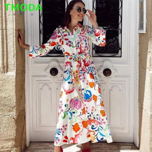 TMODA1654 Za 2021 Summer Women Vintage Totem Floral Print Dress With Bow Female Sashes Midi Shirt Dress Chic Casual Slim Vestido