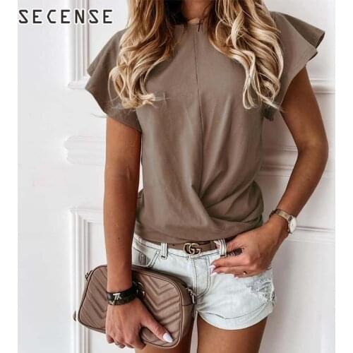 100% Cotton Women t-Shirt Short Butterfly Sleeve Solid Color Top Female Tees Streetwear 2021 Casual Basic Clothing SECENSE