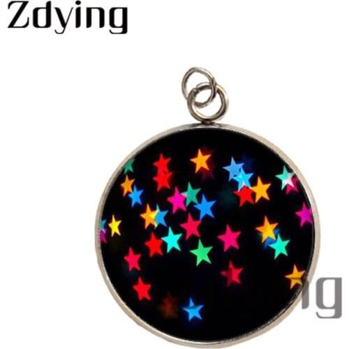 Zdying 2pcs Colorful Love Heart Stars Stainless Steel Pendants Glass Picture Cabochon Necklace Charm Jewelry Accessories XS004