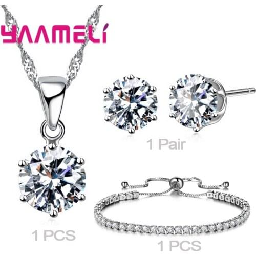925 Sterling Silver Fashion Jewelry Set For Women Girls Necklace Earrings Bracelet CZ Crystal Best Friend Gift Wholesale
