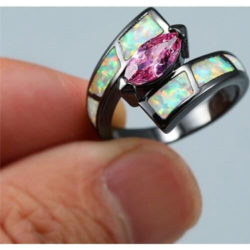 Elegant Female Pink Zircon Ring White Opal Stone Ring Vintage Black Gold Wedding Rings For Women Promise Love Engagement Jewelry