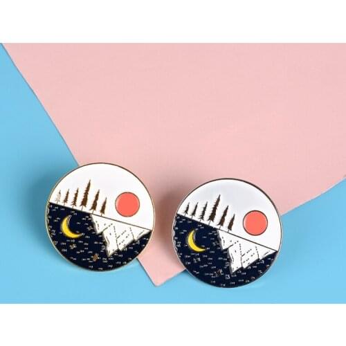 Day and Night Enamel Pin Sun Moon Starry night Mountain Forest Nature Travel Adventure Brooch Bag Clothes Lapel Pin Jewelry Gift