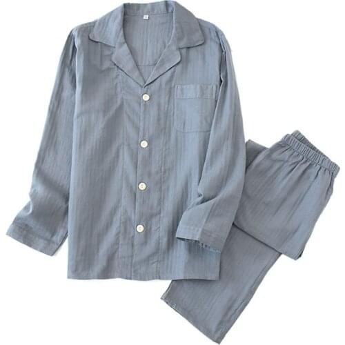 Couple Blue Homewear Suit Cotton Long Sleeve Trousers Lovers Sleepwear Spring and Autumn Thin Section Crepe Pajama Pyjama