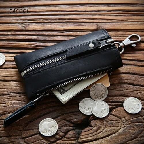 LEACOOL Genuine Leather Key Wallet Mini Key Chain Cover Organizer Pouch Split Leather Car Key Bag Housekeeper Key Case