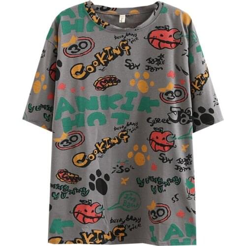 Summer T-Shirt Women Clothes Tees 2021 Casual Plus Size Tops Short Sleeve Washed Cotton Print Camiseta Mujer K72-1099