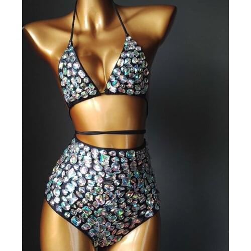 2020 Bikini Set Women Bling Diamante Carnival Bra Crop Top Crystal High Waist Panties Rave Festival Burning Man Outfit Club Wear