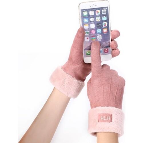 New Winter Female Lace Warm Cashmere Three Ribs Cute Bear Mittens Double thick Plush Wrist Women Touch Screen Driving Gloves 81B