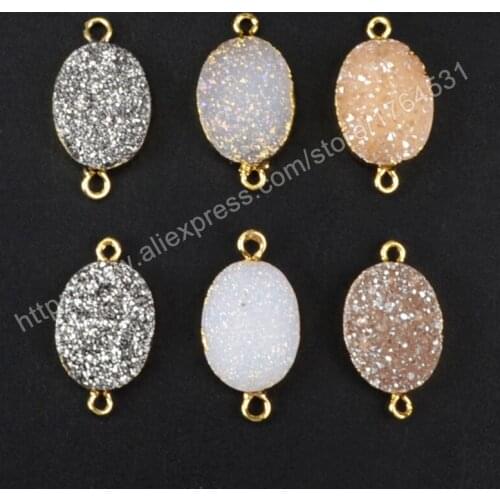 BOROSA 10pcs Druzy Jewelry Oval Rainbow Natural Crystal Druzy Titanium Druzy Connectors Double Bails G1073