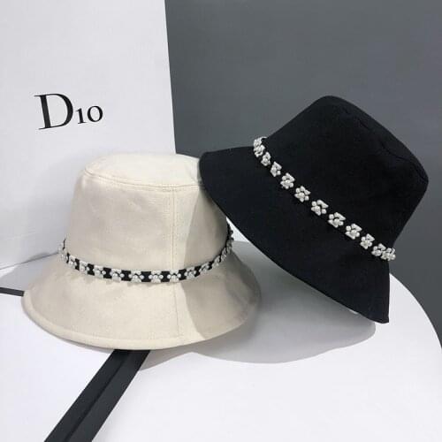 Autumn Cotton Linen Black Casual Fisherman Hat Korean Pearl Big Brim Bucket Cap Women Beach Sun Hat Cylind Hat Girl Men Gorros