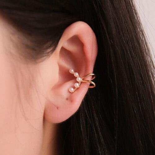 Simple White Simulated Pearls Beads Golden Silver Plated Copper Arc Single Ear Cuff Clip Earrings for Women