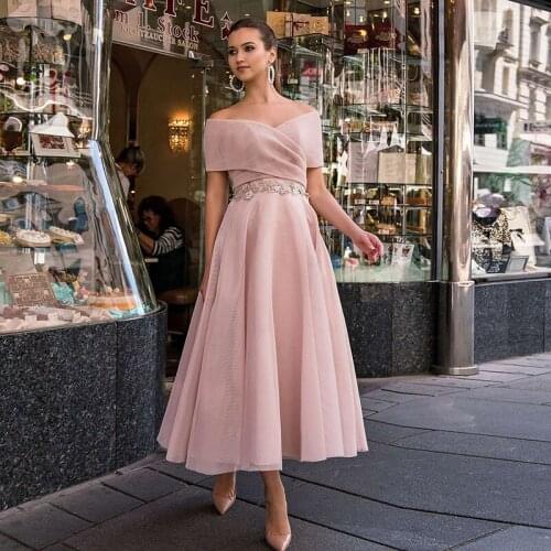 Pink Off the Shoulder Prom Dresses Applique A-Line Ankle Length Evening Dresses Long Formal Party Gowns Custom Made