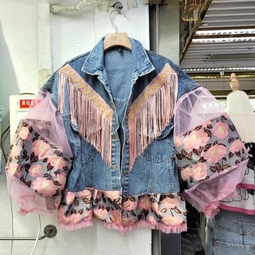 Blue Denim Jacket Women Lantern Sleeve Korean Loose Autumn Vintage Tassel Lapel Flower Embroidery Net Yarn Streetwear Fashion