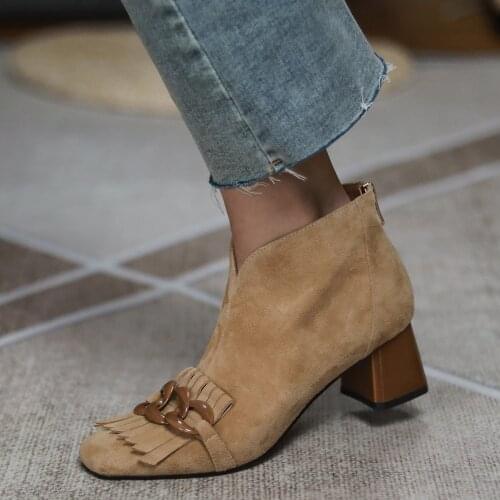 Fashion Women Spring Winter Shoes Woman Suede High Heels Round Toes Ankle Boots Ladies Zipper Thick Heels Short Boots Blue Camel