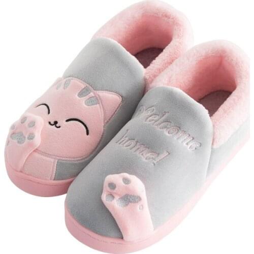 Women Winter Home Slippers Cartoon Cat Shoes Non-slip Warm House Fur Slippers Indoor Bedroom Floor Cotton Slippers Shoes Men