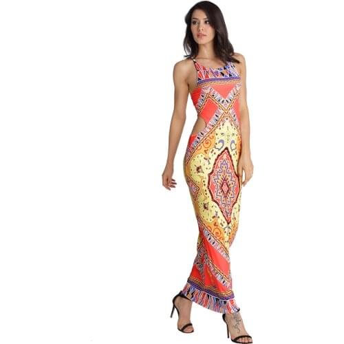 S-XL Ethnic Print Suspender Halter Back Strap Long Dress