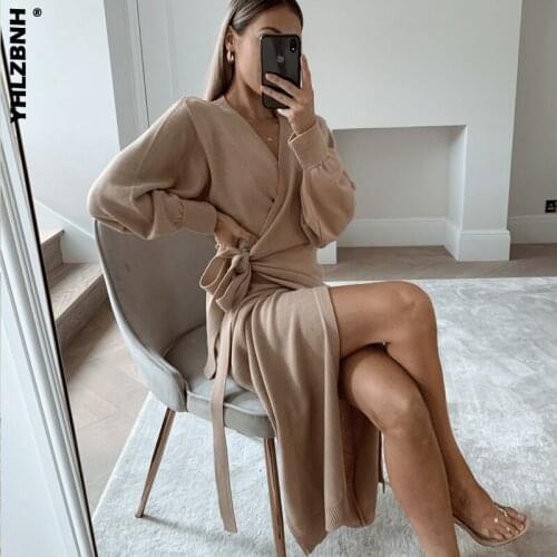 YHLZBNH Autumn Winter Women Long Knitted Wrap Dress Oversize Elegant Day Dress Sexy V Neck Knitwear Robe 2020 Ladies Clothes