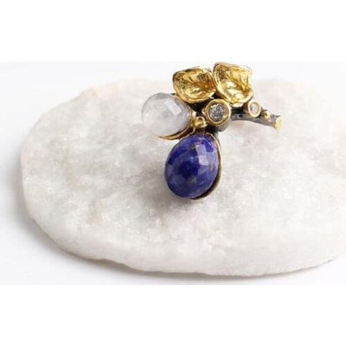 Blue Lapis Lazuli and White Zircon Gold Plated Womens Silver Ring,Woman 925Silver Zircon Handmade Ring,MultiColor