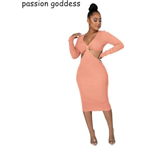 Autumn Clothes 2021 Women New Knitted Sexy Bodycon Knee Length Dress V Neck Full Sleeve Hollow Out Elegant Party Dresses White