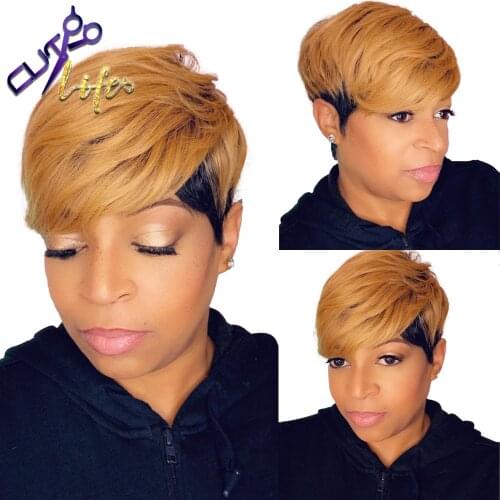 1B30 Honey Blonde Ombre Color Short Wavy Bob Pixie Cut Full Machine Made No Lace Human Hair Wigs With Bangs For Black Women Remy