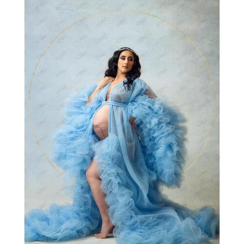 2021 Popular Pretty Blue Ruffles Tulle Robe Women Full Sleeves See Thru Long Party Dress Cute Bow A-line Pregnant Woman Vestido