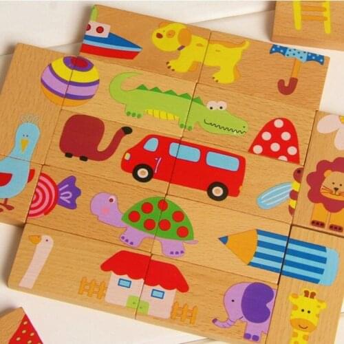 28PCS Kids Wooden Cartoon Pattern Dominos Blocks Educational Toys For Children Montessori Materials Solitaire jigsaw Bricks