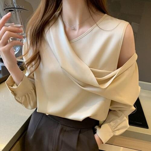 Spring Autumn Elegant Satin Blouse Women Off-Shoulder Long Sleeve V-Neck Slim Chiffon Blouse Solid OL Tops Chemisier Femme 11202