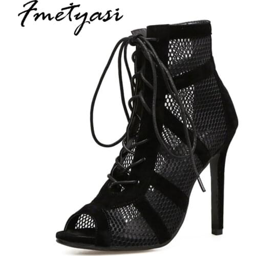 High-heeled Sandals for Women 2021 Sexy Rome Air Mesh Lace up Big Size Black Stiletto Sandals Summer Wear-resistant Non Slip