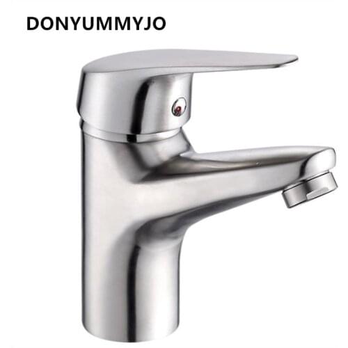 DONYUMMYJO 1pc 304 Stainless Steel Finished Brushed Single Hole Washbasin Hot and Cold Water Mixer Basin Tap With 2 Hoses