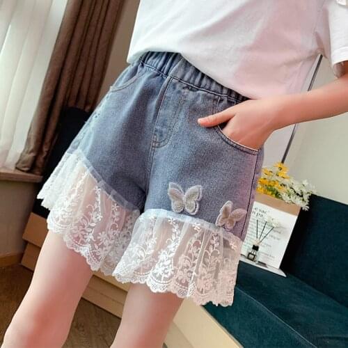 Girls Denim Shorts Teenage Girl Summer Lace Pants Kids Bow Clothes Children Butterfly Embroidery Jean Short for Teenager 3-14Y