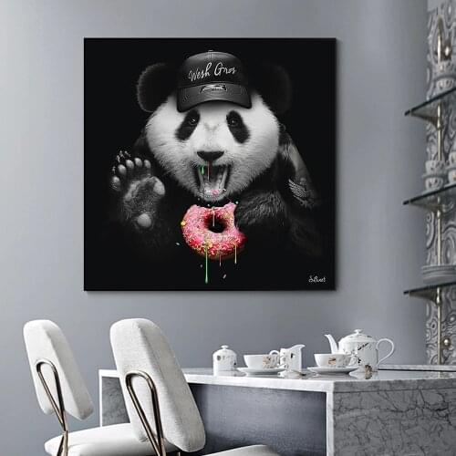 Griffiti Art Canvas Painting Panda With Guns Posters And Prints Wall Panda Wearing Black Hat Eating Donut Picture For Room Decor