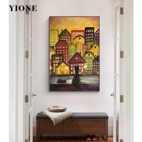 City House Oil Canvas Painting Custom Night Landscape Snow Cat Poster Wall Art Prints Pictures for Living Room Bedroom Decor