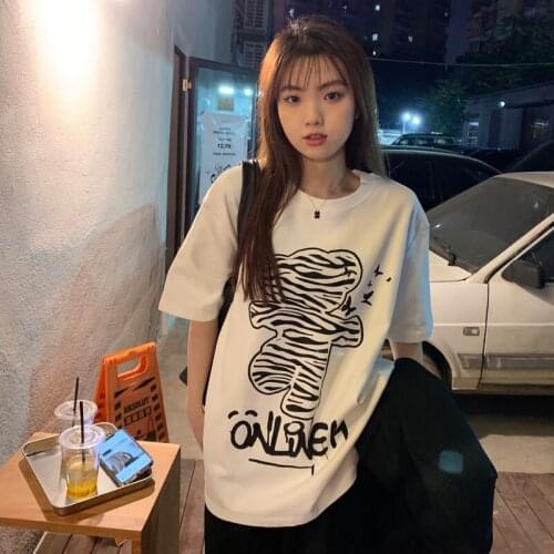 Summer Kawaii Fun Bear Print Short-Sleeved T-Shirt Loose And Leisurely Summer Womens Short Top Summer Dress
