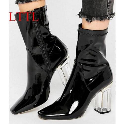 LTTL Women Patent Leather Ankle Boots Pointed Toe perspex heel 9cm Clear Chunky Heels 2018 Designer shoes