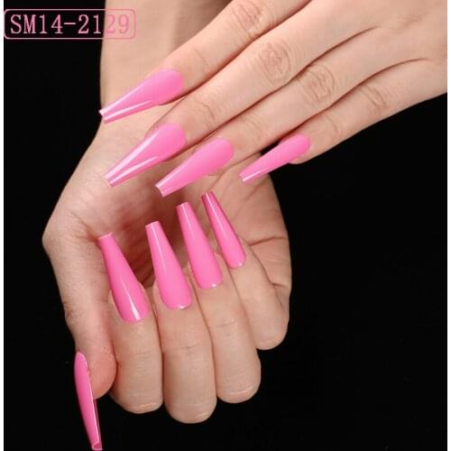 5 Sets Pink Acrylic Nails Kit Super Long Coffin Fake Nails Art Ballet Ballerina False Nails Tips Craft Decoration Fingernail