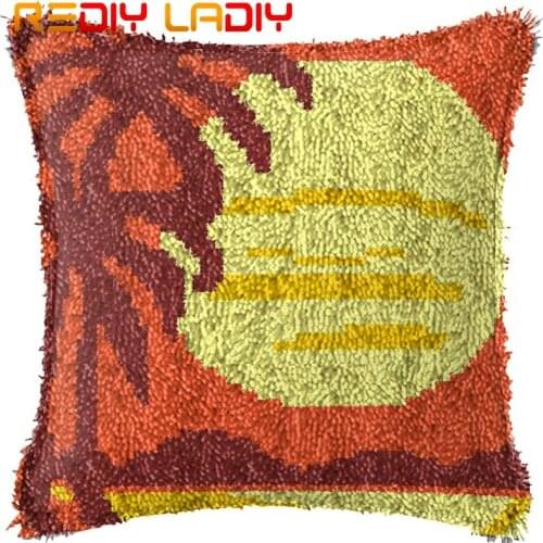 Latch Hook Cushion Coast At the Sunset Pillow Case Printed Color Canvas Acrylic Yarn Latched Pillow Crochet Cushion Cover Crafts