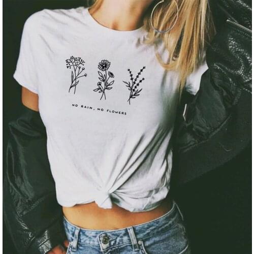 No Rain No Flowers T-shirt Lady New Fashion Summer Floral Print Tees Tops Vintage Women Tumblr Graphic Funny Tshirt Plus Size
