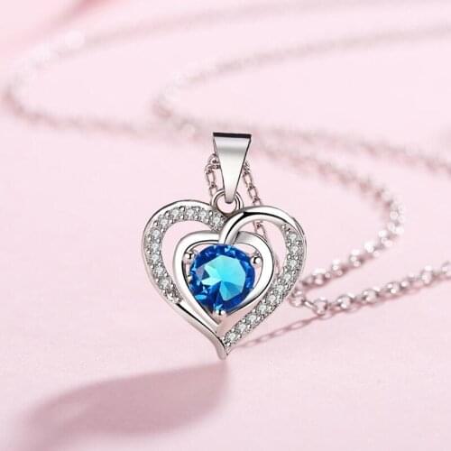 KOFSAC New 925 Sterling Silver Necklaces Women Party Jewelry Shiny Zircon Sweet Rmantic Heart Necklace Girl Valentines Day Gift