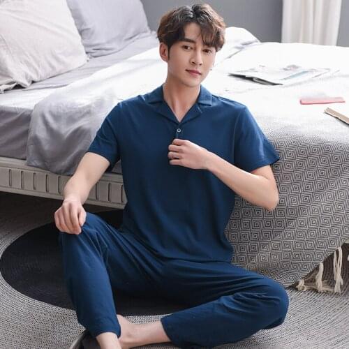 Short Sleeve V-Neck Tops + Long Pants Pajamas Male Cotton Sleepwear Men Solid Pyjama Sets Softness Knit Pijama Plus Size M - 3XL