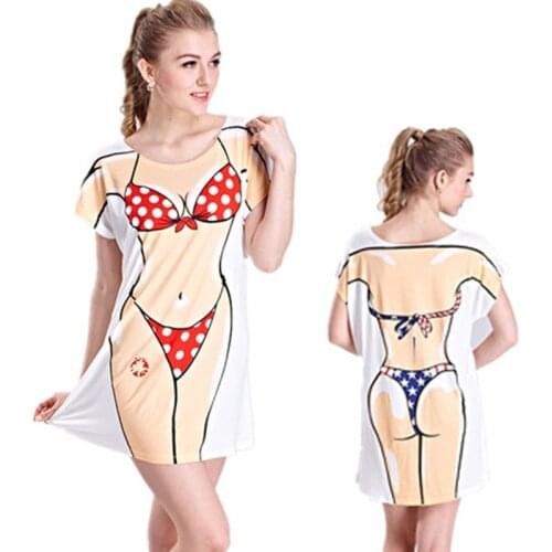 Fashion Summer Sexy Women Tshirt Dress Mini Swimwear Print Wear Hot Pink Bikini Printed T-shirt Beach Feminina Funny Pajamas