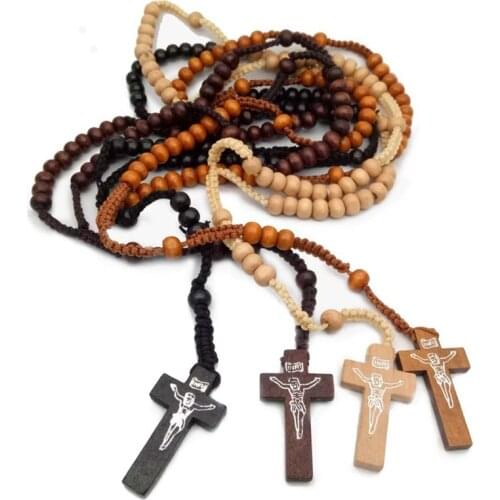 Brown Cross Jesus Virgin Mary Pendant Necklace Wooden Long Beaded Chain Rosary Necklaces Catholicism Religious Jewelry
