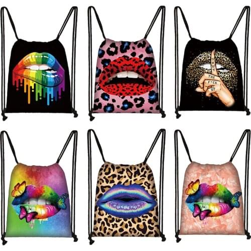 Sexy Red Lips Drawstring Bag Women Like Butterfly Print Travel Storage Bags Eco-Friendly Foldable Backpack Shopping Bag