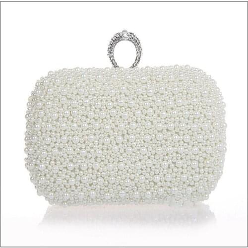 Luxury Beaded Women Evening Bags Diamonds Finger Rings Small Purse Day Clutches Handbags white/Black Pearl Wedding Bags WY57