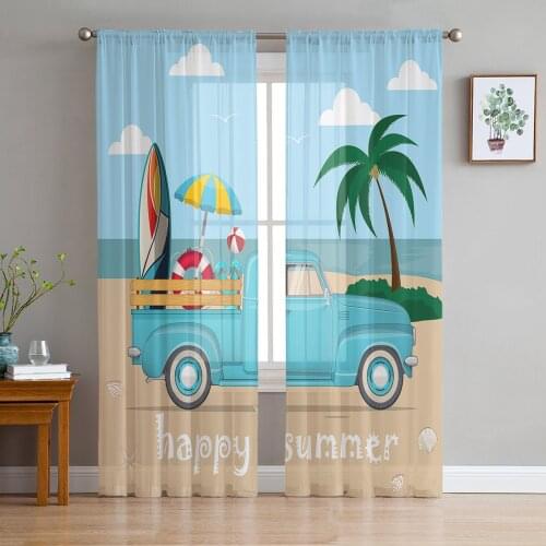 Happy Summer Surf Beach Truck Vacation Palm Trees Voile Tulle Sheer Curtains for Bedroom Living Room Kitchen Decor Curtain