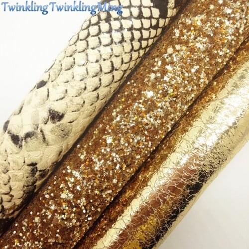 GOLD Glitter Fabric, Crack Faux Fabric, Snake Synthetic Leather Fabric Sheets For Bow A4 21x29CM Twinkling Ming XM887
