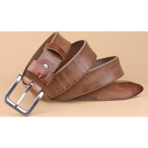 Retro Genuine Cowboy Jeans Leather Belt Men 3.3cm Vintage Belt Pin Buckle Leather Belt For Men Long Waist Yellow Belt