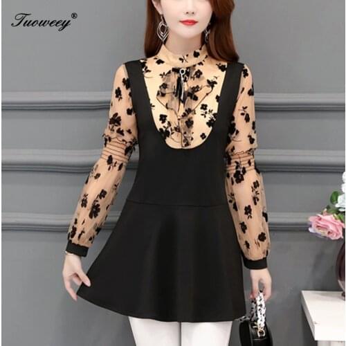 Female Fake Two Pieces Blusa Women Autumn polka dot Patchwork Blouse O Neck Long Sleeve Shirt Casual Plus Size Femme Party Top