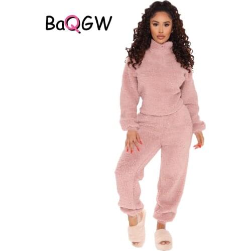 BaQGW Woman Suits Flurry Warm Two Piece Sets Turtleneck Zipper Pollver+pant Two Piece Set Female Winter Suit Woman Sport Outfits