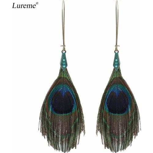 Lureme Bohemia Vintage Jewelry Long Peacock Feather Handmade Dangle Earrings for Women Best Gift (er005713)