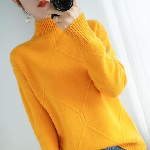Autumn and winter new style 100% pure wool womens knitted long-sleeved half-high neck loose large size pullover sweater