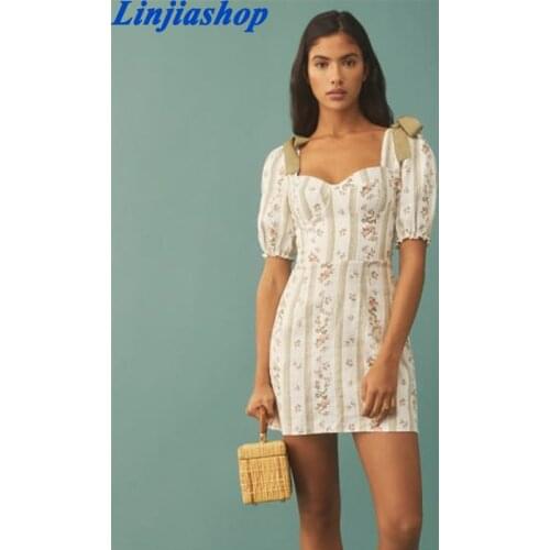 Summer 2021 Floral Heath Green Stripe Patchwork Cream Vestidos Retro Short Sleeve Back Bandage Dress Vintage Girl Dress